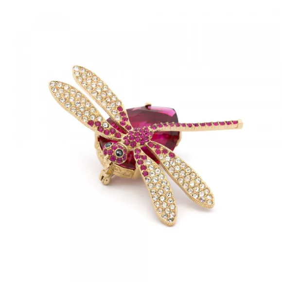 Broche Libélula Plata Dorada y Cristal Burdeos