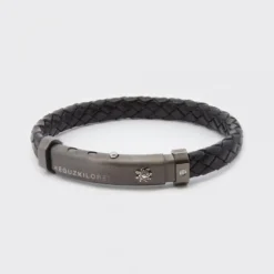 Pulsera Eguzkilore Cuero Trenzado Negro y Brillante
