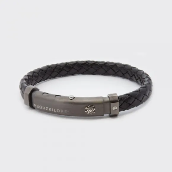 Pulsera Eguzkilore Cuero Trenzado Negro y Brillante