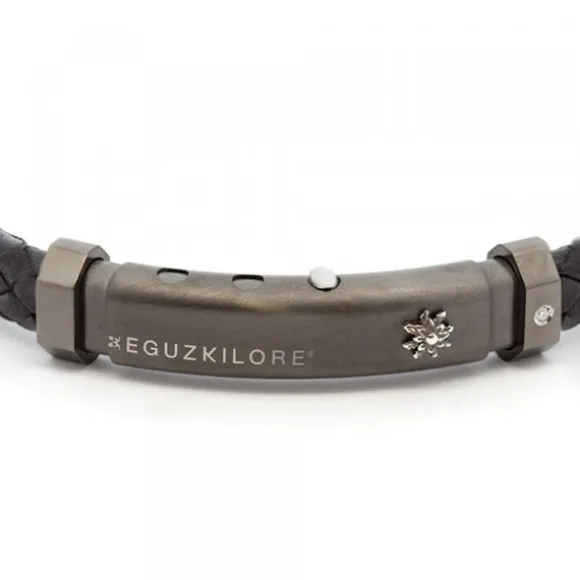 Pulsera Eguzkilore Cuero Trenzado Negro y Brillante