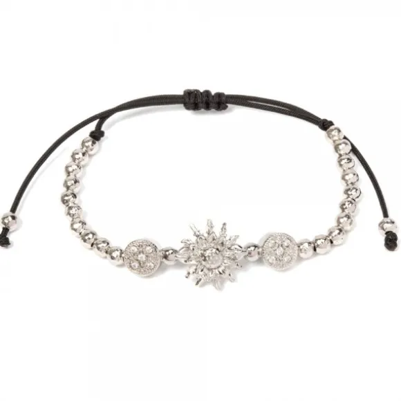 Pulsera Eguzkilore Plata con Bolitas y Macramé
