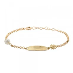 Pulsera Identidad Ovalada de Plata Dorada y Perla Personalizable