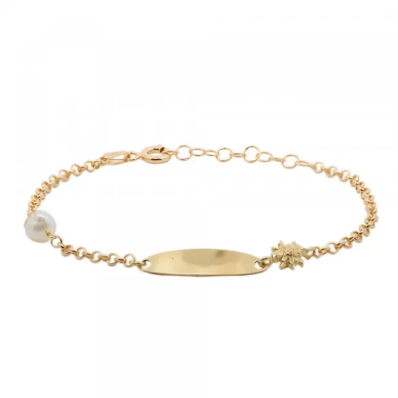 Pulsera Identidad Ovalada de Plata Dorada y Perla Personalizable