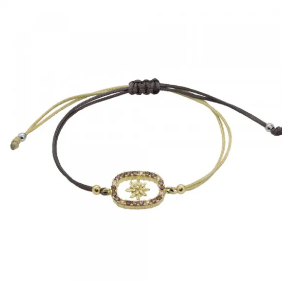 Pulsera Muka Macramé Plata Dorada y Circonitas Marrones