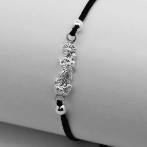 Pulsera Virgen Blanca de Plata con Hilo Negro